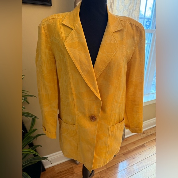 VTG Christian Dior 1 Button Cotton/Linen Yellow Palm Women’s Blazer Size 6 READ - Picture 1 of 16